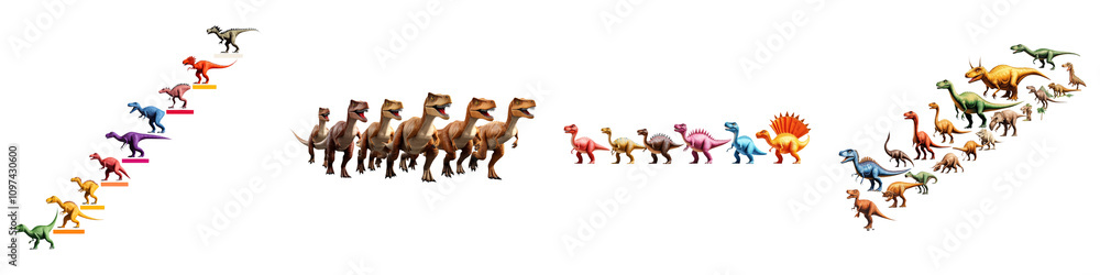 Naklejka premium dinosaur on Transparent Background concept. A vibrant collection of miniature figures arranged in a playful manner, showcasing various animals and whimsical characters.
