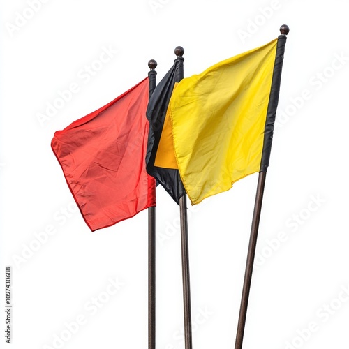 Red, black, and yellow flags waving on poles against clear sky photo