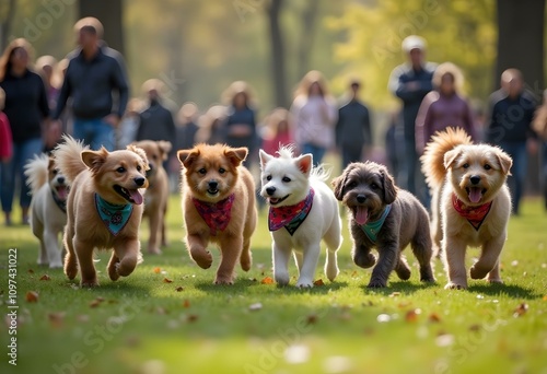 Puppy Parade in the Park. National Mutt Day. Illustration art.