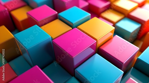 Abstract 3D rendering artwork of vibrant color geometric cubes on a grid