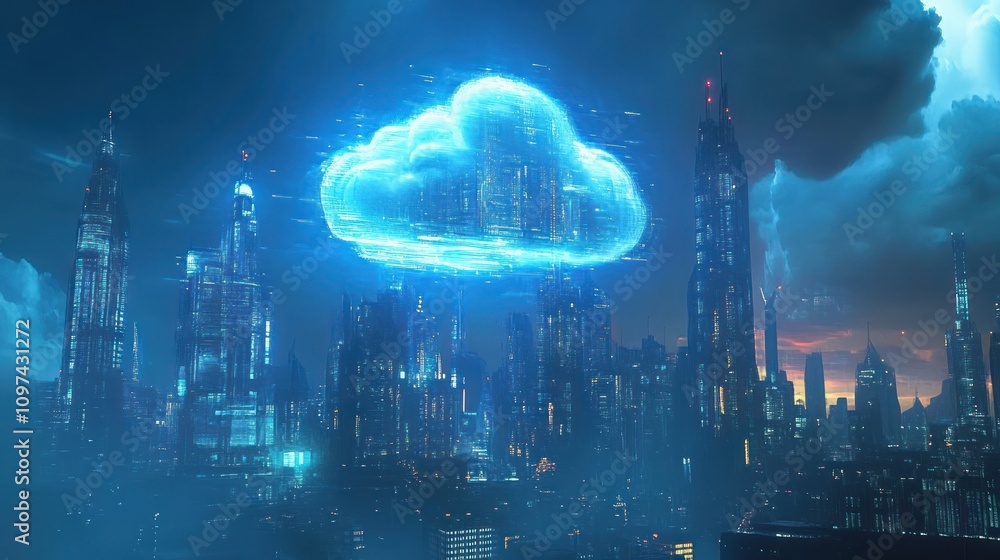 Fototapeta premium Futuristic cityscape with a glowing cloud above skyscrapers.