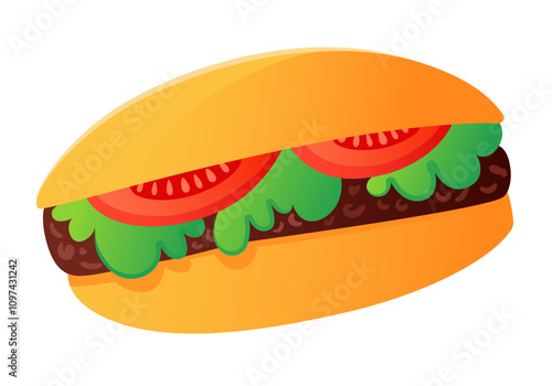 Vector illustration of burger or sandwich. Golden buns, lettuce, juicy tomato slices and patties. Design element for menus, advertisements, signs or online orders. Creating content on a culinary theme