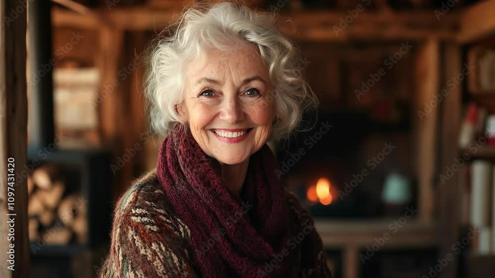 Elderly Woman Smiling by Cozy Fireplace in Rustic Cabin Elderly Woman Smiling by Cozy Fireplace in Rustic Cabin
