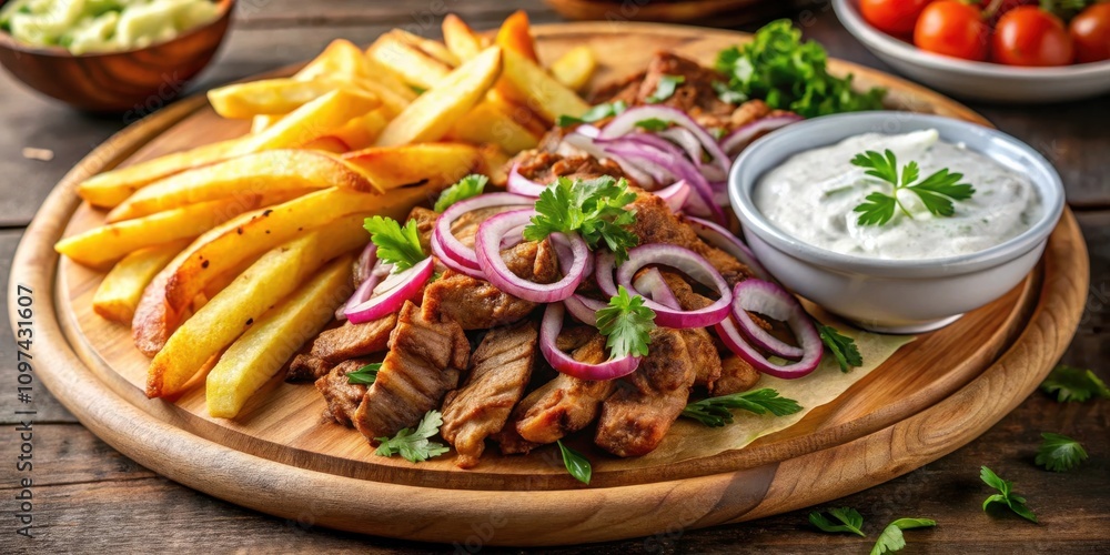 Savory Slices of Grilled Meat Served with Crispy Potato Fries, Red Onions, Fresh Herbs, and Creamy Yogurt Dip on Rustic Wooden Board Savory Slices of Grilled Meat Served with Crispy Potato Fries, Red Onions, Fresh Herbs, and Creamy Yogurt Dip on Rustic Wooden Board