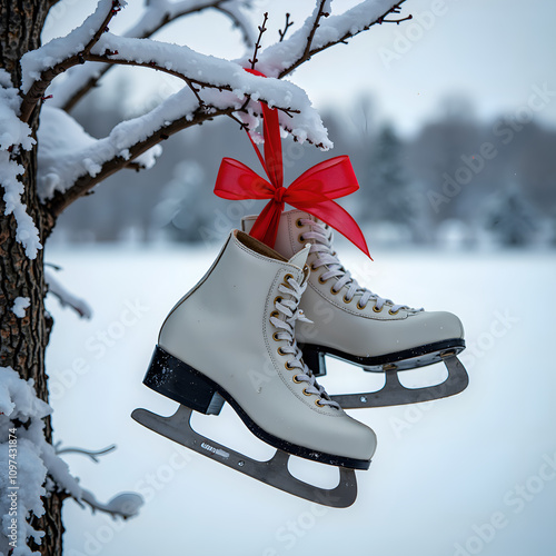 Elegant ice skates adorned with a red ribbon hanging from a snowy tree, photography of still life concept.