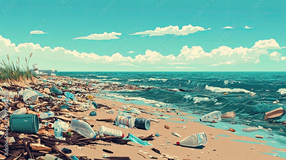 A Beach Polluted with Plastic Waste and Debris A Beach Polluted with Plastic Waste and Debris