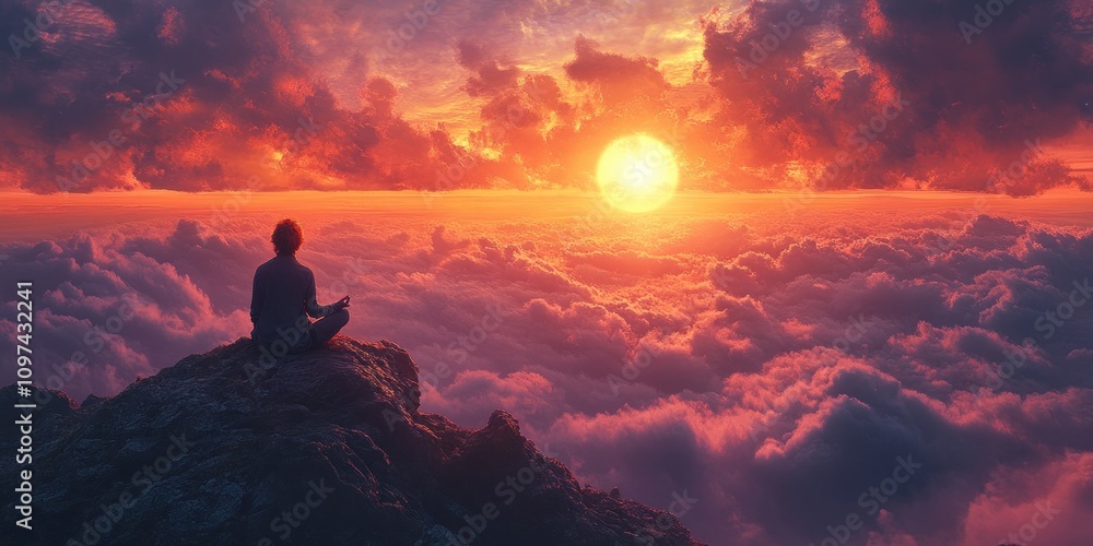 Serene person meditating on mountaintop at sunset above clouds. Serene person meditating on mountaintop at sunset above clouds.