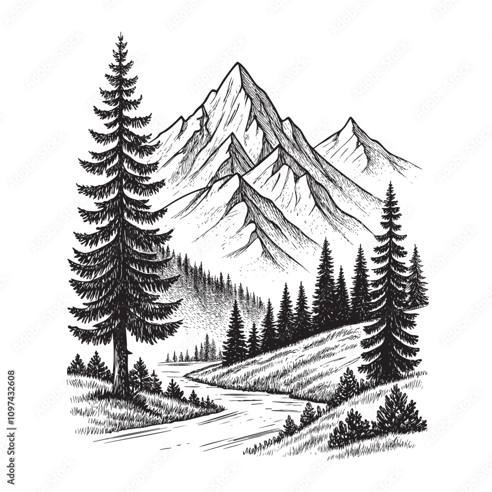 Fototapeta premium mountains and pine trees sketch hand drawn drawing vector illustration