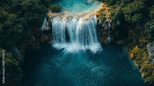 aerial view of waterfall with green forest background