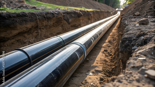 Geothermal energy pipes in trench, showcasing sleek and shiny surfaces. installation highlights modern infrastructure for sustainable energy solutions