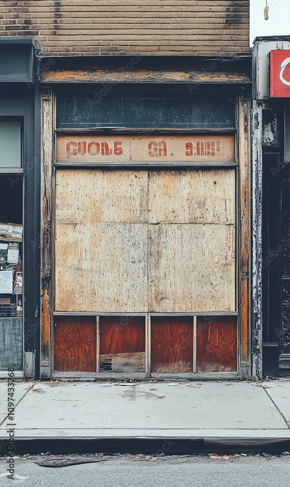 Fototapeta premium Closed boarded-up shopfront with faded signage.