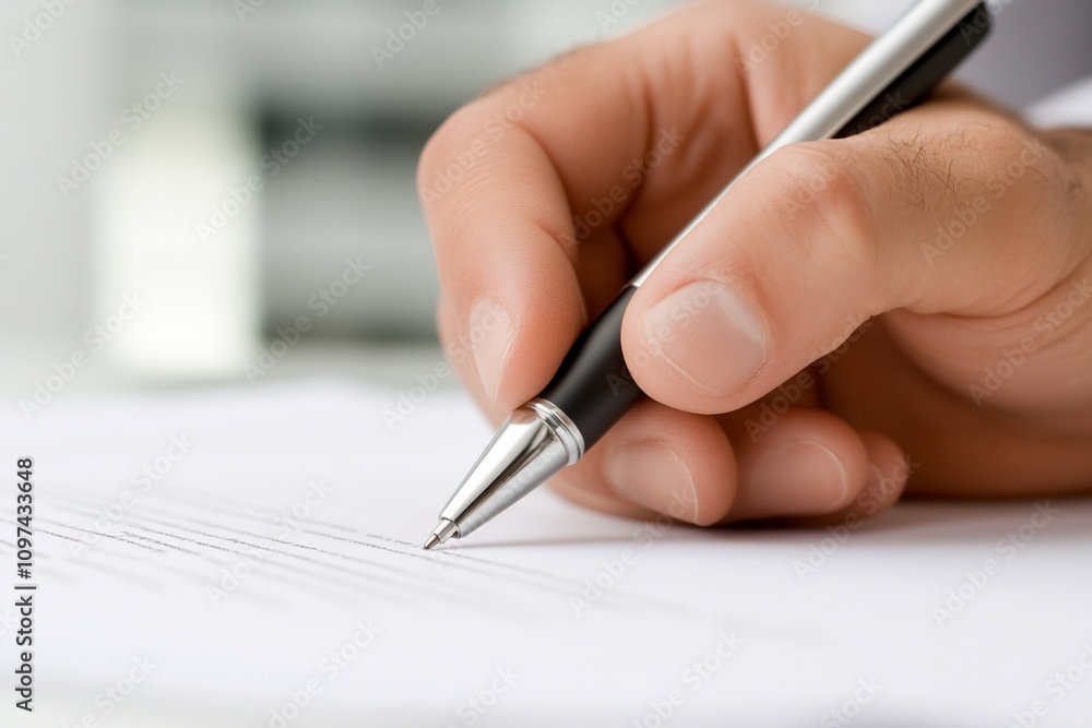 Close-up of a hand signing a document with a pen. Close-up of a hand signing a document with a pen.