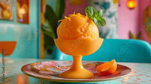 17. A vibrant orange sherbet scoop with zest garnish in a colorful setting