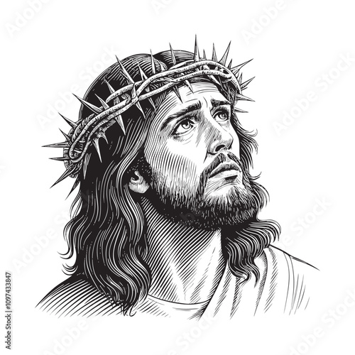 jesus with a crown of thorns sketch hand drawn drawing vector illustration