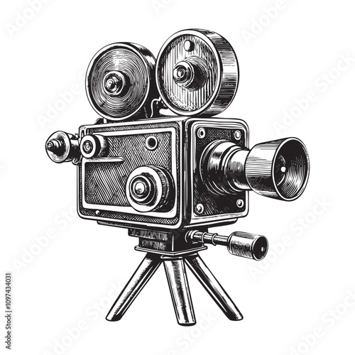 Retro movie camera sketch drawing hand drawn vector illustration