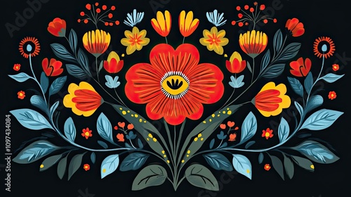 Vibrant Red and Yellow Flowers with Teal Leaves on Black Background