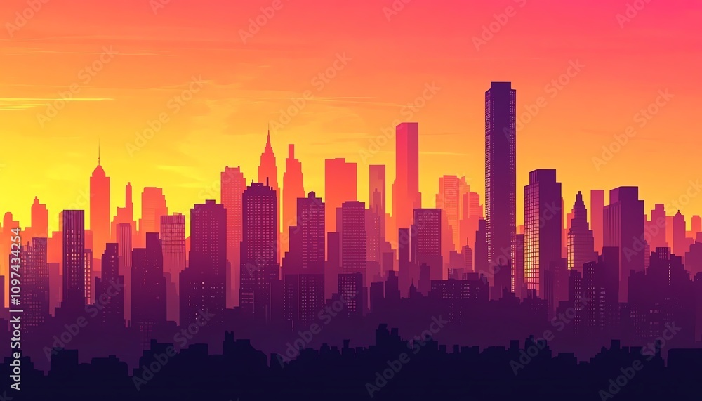 Vibrant city skyline at sunset with silhouette. Vibrant city skyline at sunset with silhouette.