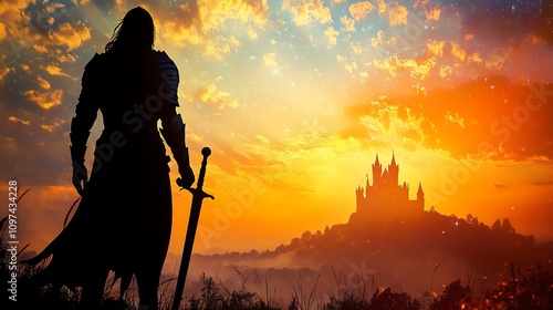 Silhouette of a warrior at sunset near a castle. photo