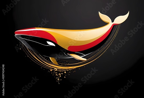 gold red whale logo design illustration isolated on dark black background photo