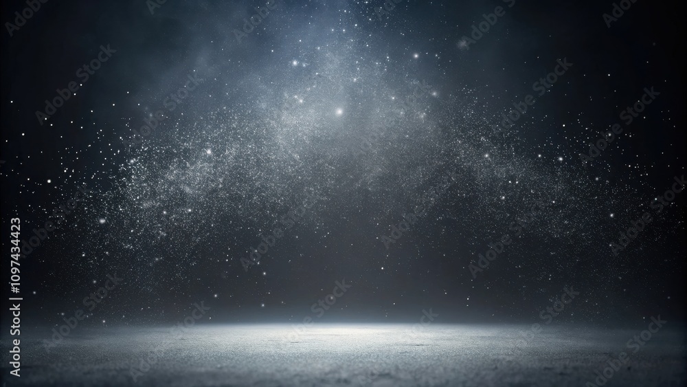 Fototapeta premium Dark background with glittering particles and a subtle light source at the bottom