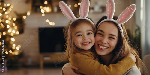 A joyful mother and daughter wearing matching bunny ear headbands share a warm embrace in a cozy, warmly lit living room setting, creating a heartwarming moment. photo