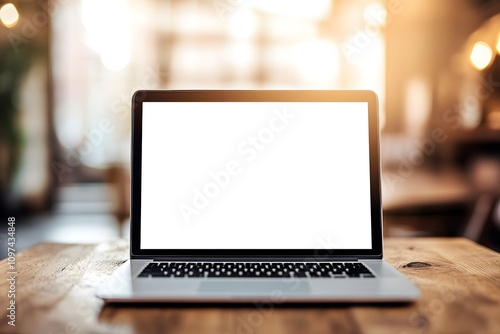 Laptop with blank screen on wooden table in modern cafe with plants and warm lighting