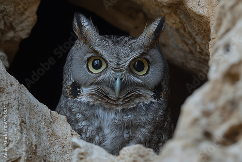 Photograph of an owl peering out from its cave, the eyes looking directly at the camera,  desert landscape, wildlife and cinematic style photography. photo