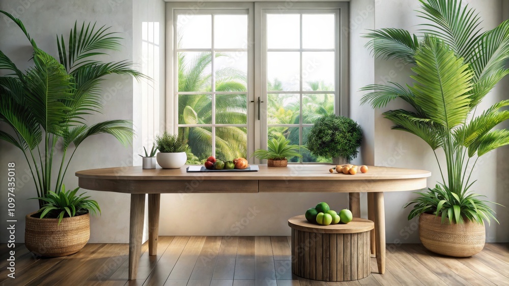 Serene indoor oasis featuring a wooden table, lush potted plants, and fresh fruit, bathed in natural sunlight streaming through a large window. Serene indoor oasis featuring a wooden table, lush potted plants, and fresh fruit, bathed in natural sunlight streaming through a large window.