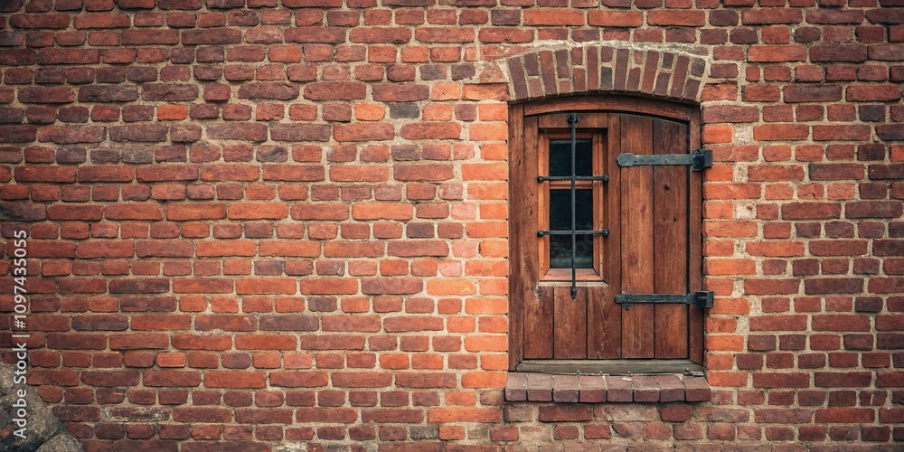 Red brick wall featuring a single small vertical window with iron hinges and a wooden latch, red brick wall, iron hinges, wooden latch Red brick wall featuring a single small vertical window with iron hinges and a wooden latch, red brick wall, iron hinges, wooden latch