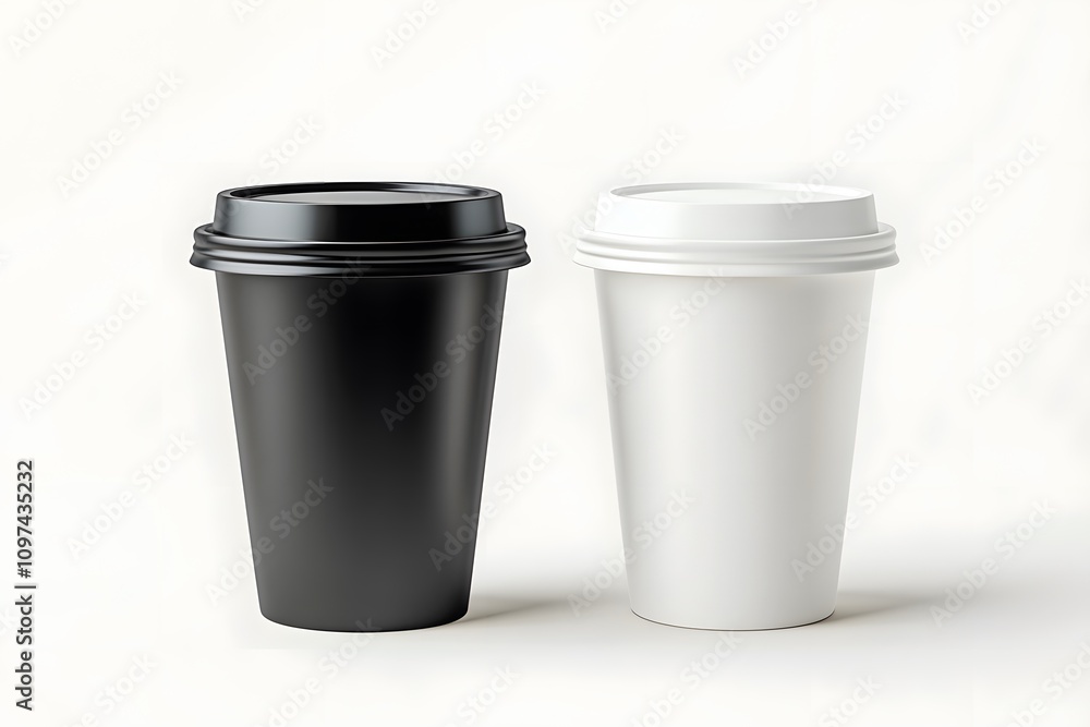 Two disposable coffee cups with black lids on table, minimalist design Two disposable coffee cups with black lids on table, minimalist design