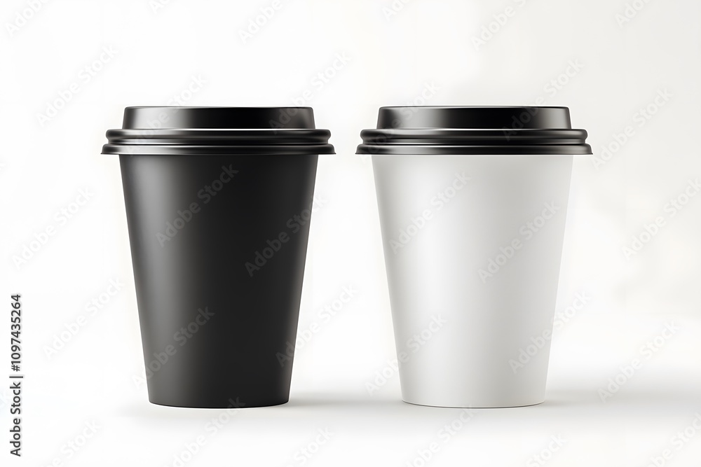 Two disposable coffee cups with black lids on table, minimalist design Two disposable coffee cups with black lids on table, minimalist design