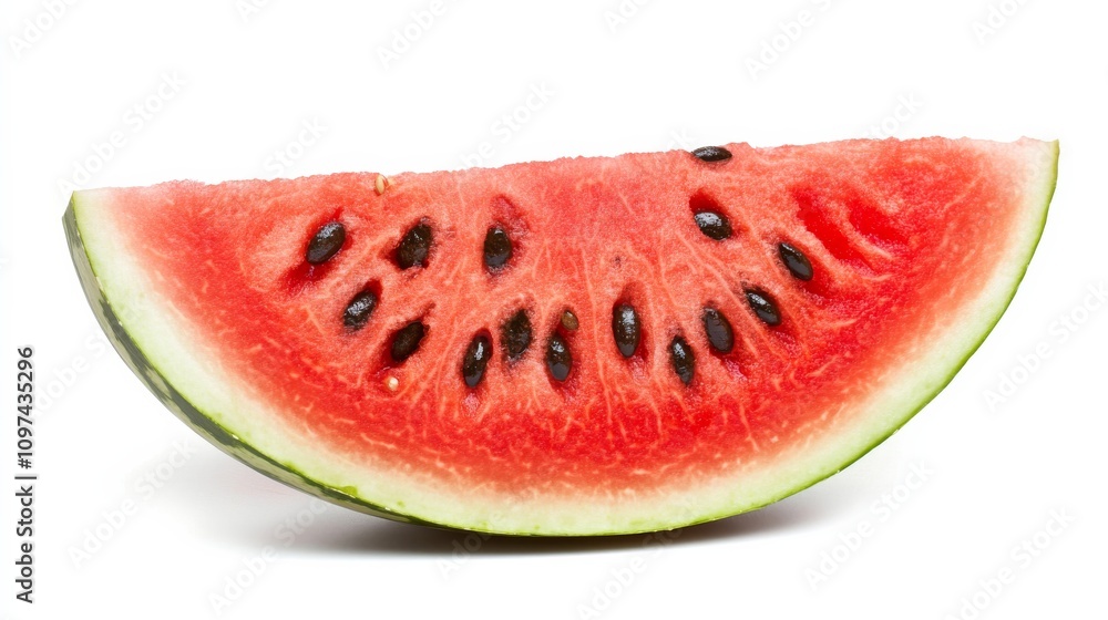 A juicy slice of watermelon with its vibrant red flesh and black seeds, Each slice’s rich color and subtle imperfections captured with precision A juicy slice of watermelon with its vibrant red flesh and black seeds, Each slice’s rich color and subtle imperfections captured with precision