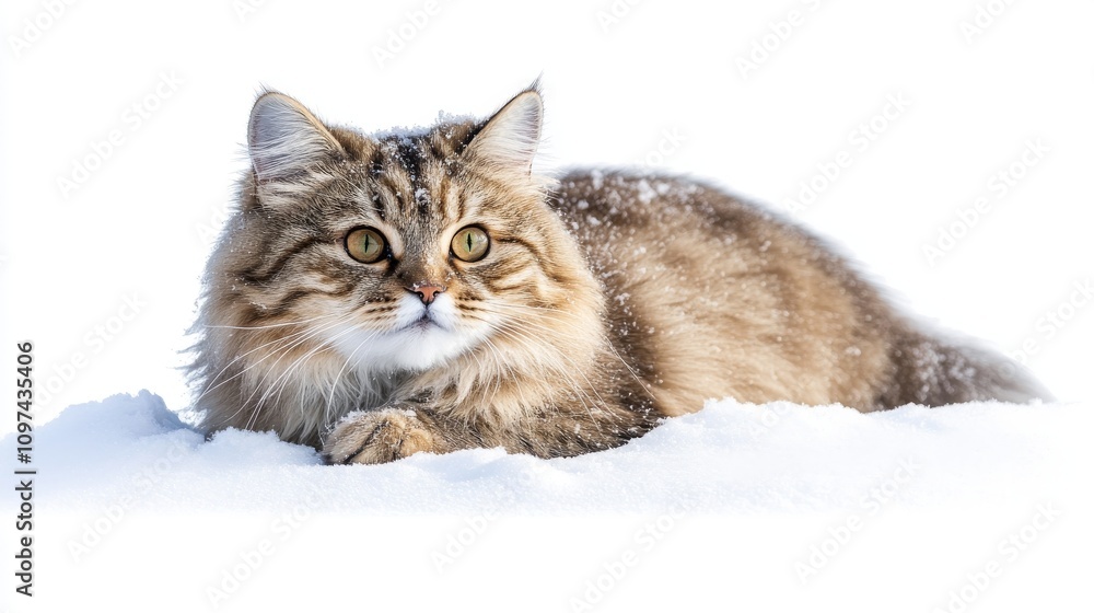 Obraz premium Fluffy cat resting in snow, showcasing its beautiful fur and eyes