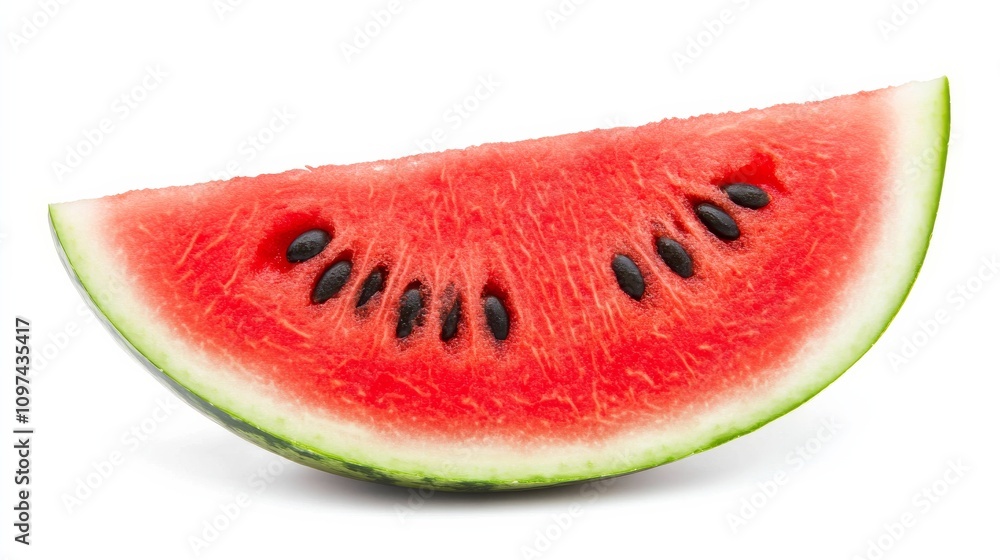A juicy slice of watermelon with vibrant red flesh and black seeds, Each slice’s rich red color and subtle imperfections captured with precision A juicy slice of watermelon with vibrant red flesh and black seeds, Each slice’s rich red color and subtle imperfections captured with precision
