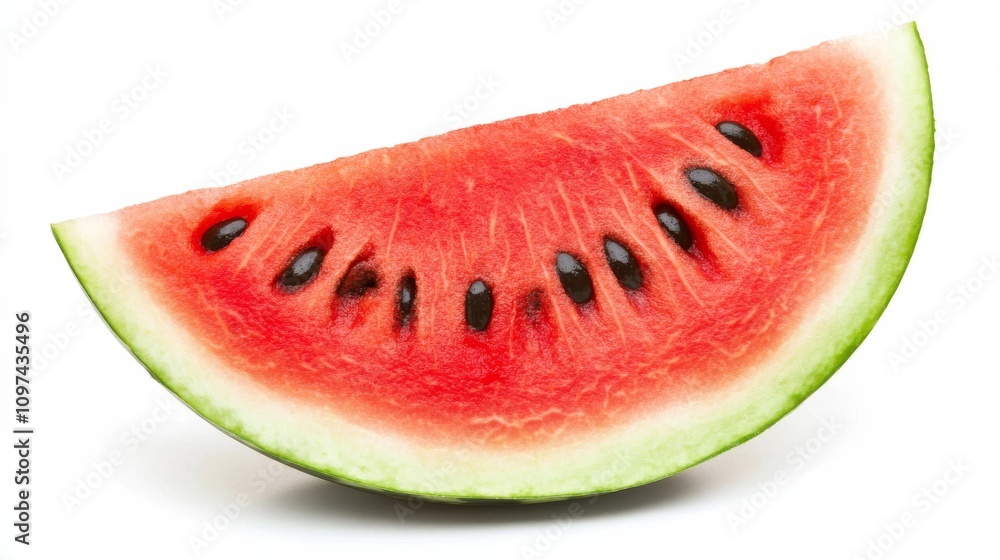 A juicy slice of watermelon with its vibrant red flesh and black seeds, Each slice’s rich color and subtle imperfections captured with precision A juicy slice of watermelon with its vibrant red flesh and black seeds, Each slice’s rich color and subtle imperfections captured with precision