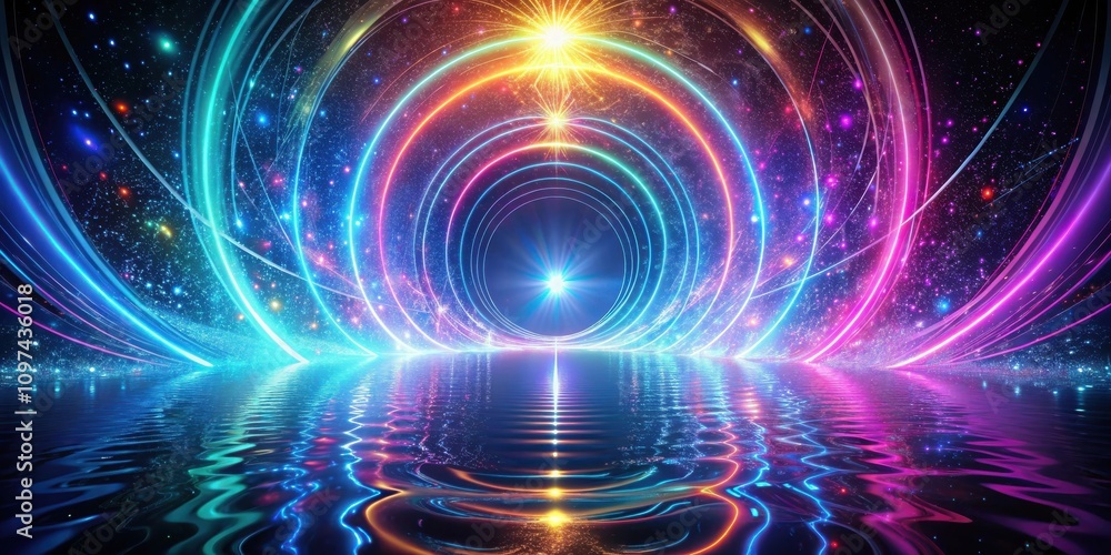 Obraz premium A cosmic portal of vibrant neon rings and shimmering stardust reflected on a tranquil body of water.