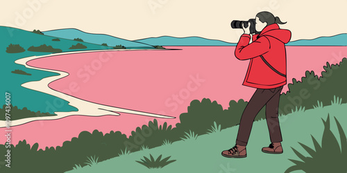 Pink Lake Mirzaladi. Photographer in red jacket is shooting a landscape.