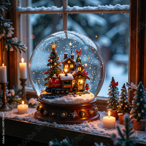 Charming snow globe with a cozy christmas scene and a whimsical train, photography of still life concept.