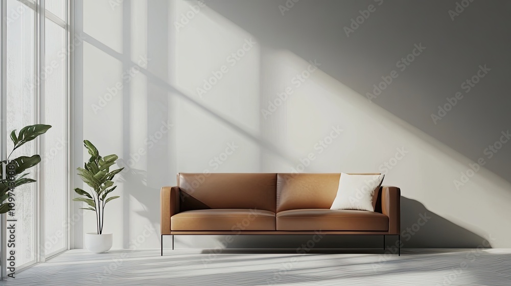 Fototapeta premium Modern Brown Leather Sofa In Minimalist Room Setting