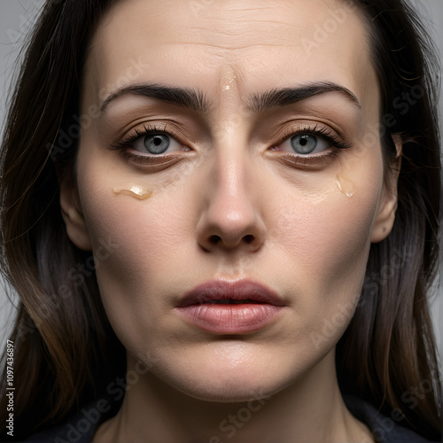 A woman with tearstained and a trembling lip depicting a borderline personality disorder. photo