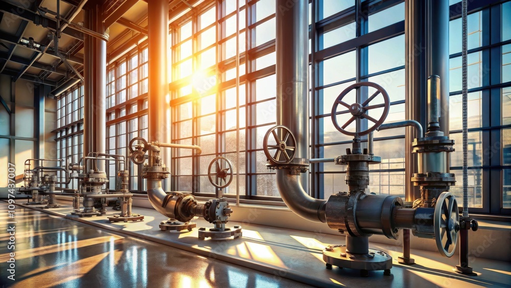 Industrial Sunlight Illuminates Intricate Piping System in Factory Industrial Sunlight Illuminates Intricate Piping System in Factory