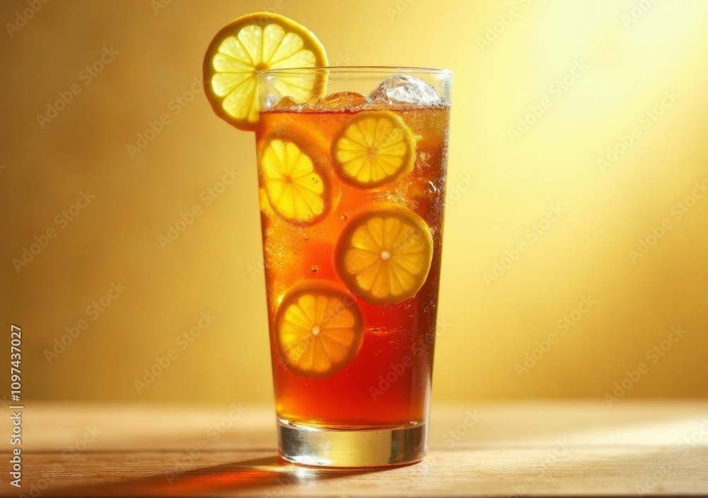 Refreshing iced tea with lemon slices served in a tall glass at a cozy cafe