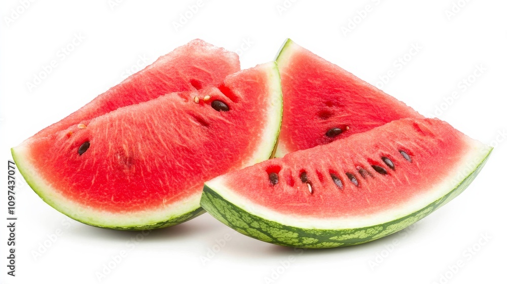 A luscious ripe watermelon sliced into juicy wedges, Each slice's vibrant red flesh contrasted with its dark seeds, Set against an isolated white background to showcase its refreshing appeal A luscious ripe watermelon sliced into juicy wedges, Each slice's vibrant red flesh contrasted with its dark seeds, Set against an isolated white background to showcase its refreshing appeal
