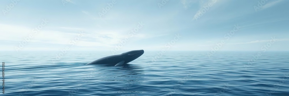 Fototapeta premium Large humpback whale floating alone in the ocean on a calm day, wildlife, isolation, ocean