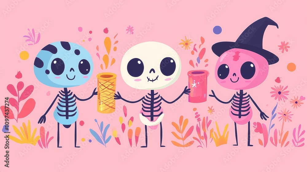Fototapeta premium Cute Cartoon Skeletons Holding Colorful Treats in a Floral Background