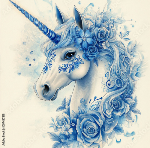 beautiful unicorn with traditional blue Japanese tattoos painterly photo