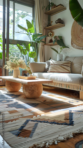 Modern Minimalist Living Room with Handwoven Geometric Pattern Rug and Natural Light