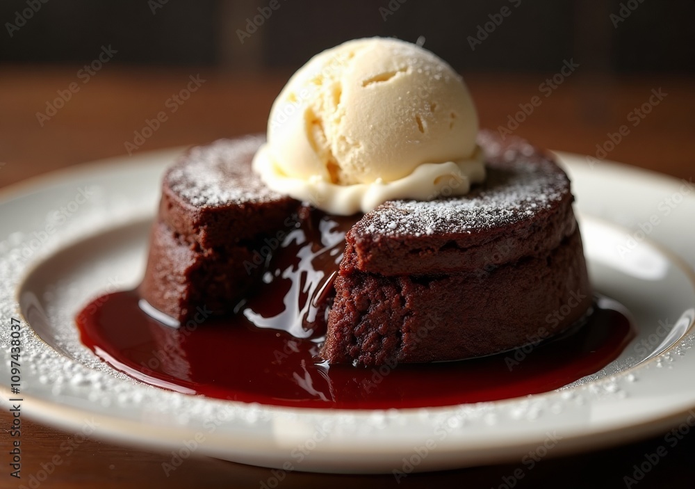 Decadent chocolate lava cake served with vanilla ice cream and drizzled sauce Decadent chocolate lava cake served with vanilla ice cream and drizzled sauce