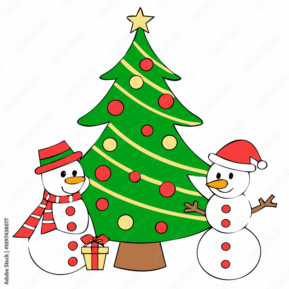 Two snowmen with Christmas tree and gift, flat colors illustration Two snowmen with Christmas tree and gift, flat colors illustration