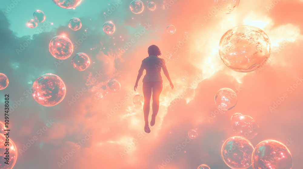 Emotional Balance. A person floats through a dreamy, pastel-colored environment filled with bubbles, evoking a serene and ethereal atmosphere. Emotional Balance. A person floats through a dreamy, pastel-colored environment filled with bubbles, evoking a serene and ethereal atmosphere.